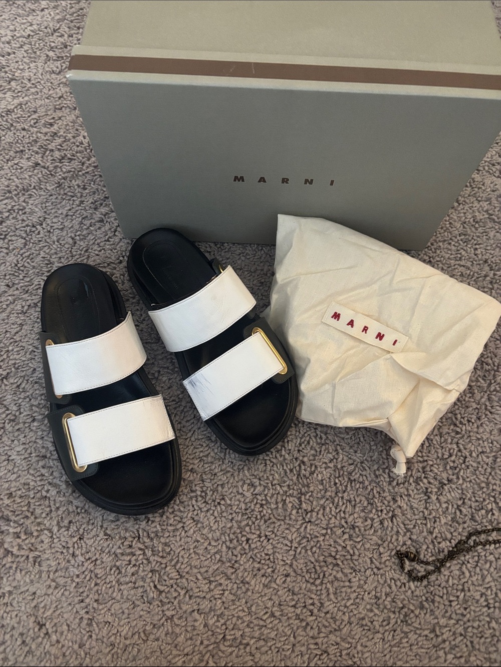 Marni White Leather Double-Strap Slide Sandals